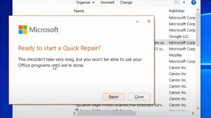 Click on Repair again in the next