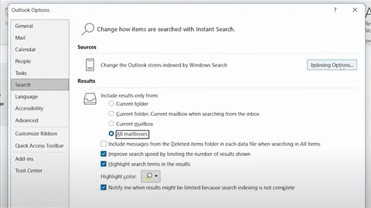 Click on the Indexing Options