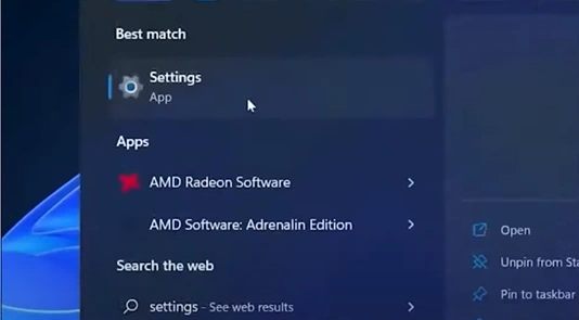search and open Settings