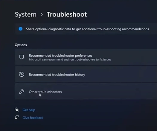 Click on Other troubleshooters