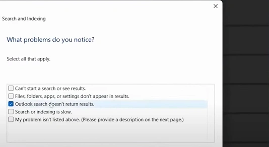 Tick the Outlook search doesn’t return