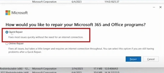 Choose the Quick Repair option
