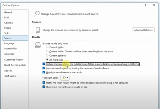Check the “Include messages from the Deleted items