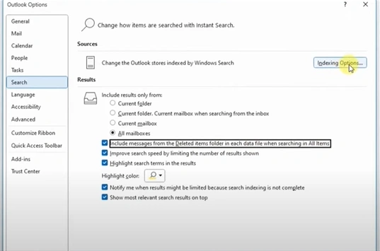 Click on Indexing Options