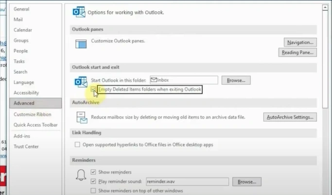 Outlook start and exit section
