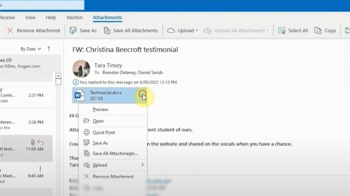 Select the e-mail attachment you want
