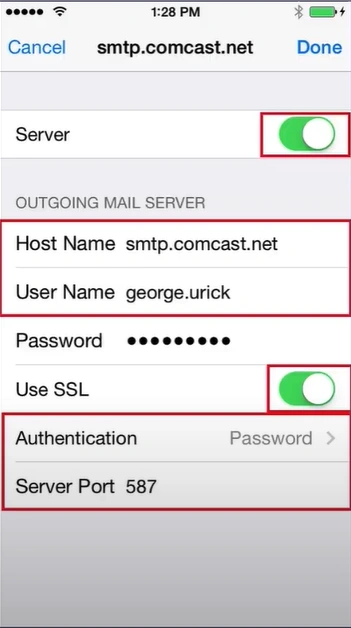 enter 587 as the server port, and tap Done