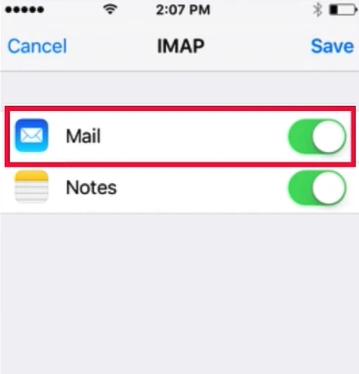 Toggle on Mail in the Account