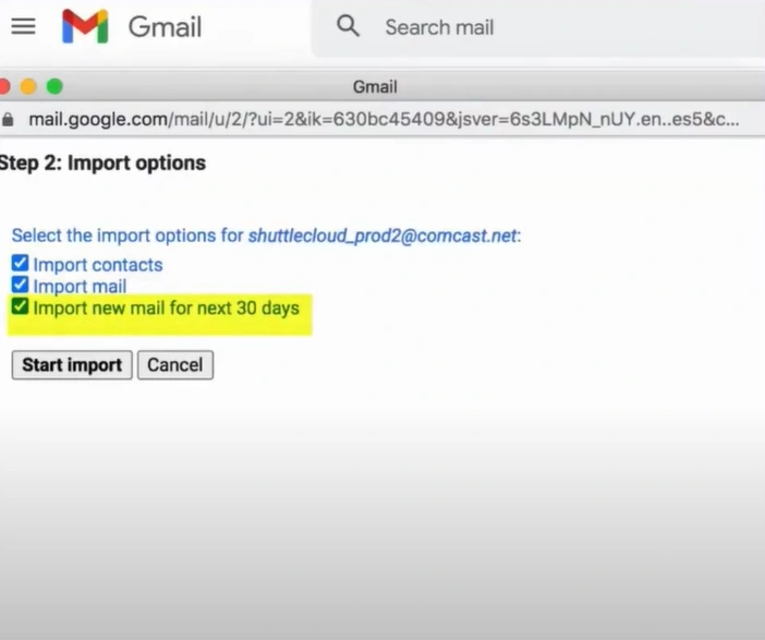 Choose the import options for mail