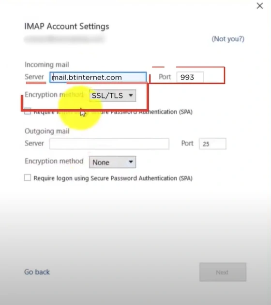 Set the Port to 993 and select 