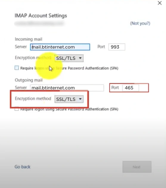 Encryption Method dropdown and set the Port to 465
