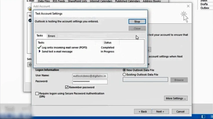 The Test Account Settings window will appear