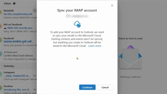 Click on Continue to sync