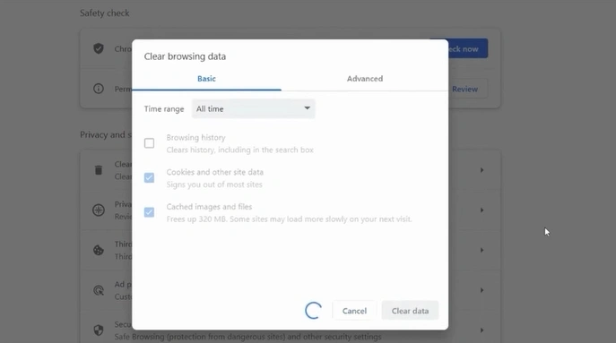 Click on the Clear data button