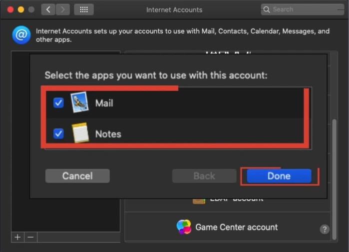 Select the apps you want to use with the account