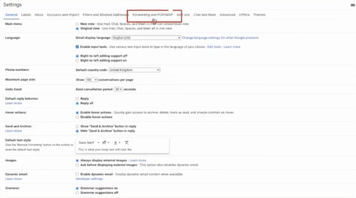 Open the Forwarding and POP/IMAP tab