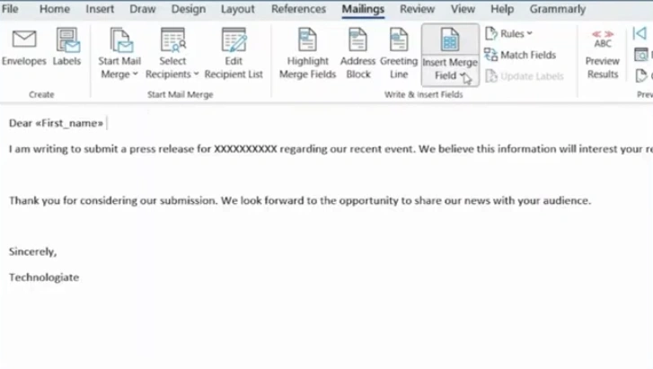 Click on Insert Merge Field and use
