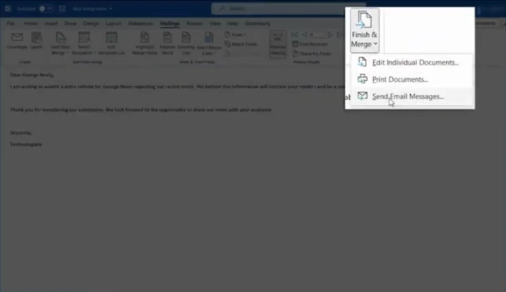 Click on Finish & Merge and select Send Email Messages