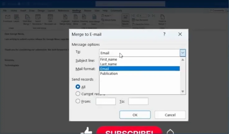 In the Merge to Email window