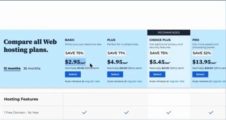 Choose a plan to create a domain hosting