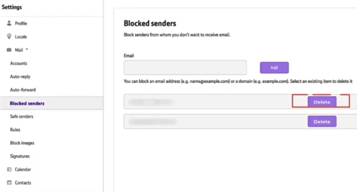 Find and click on the Delete button to unblock the domain
