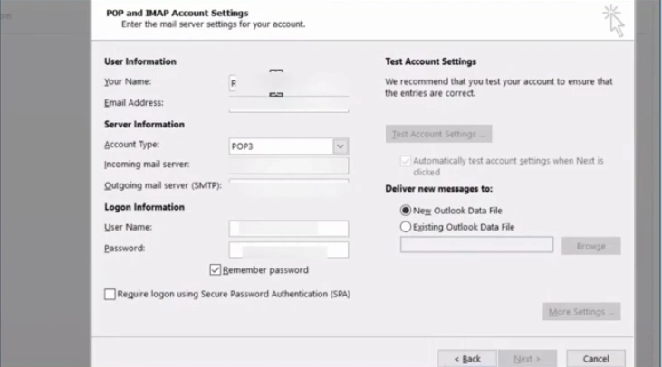 In the POP and IMAP Account Settings window