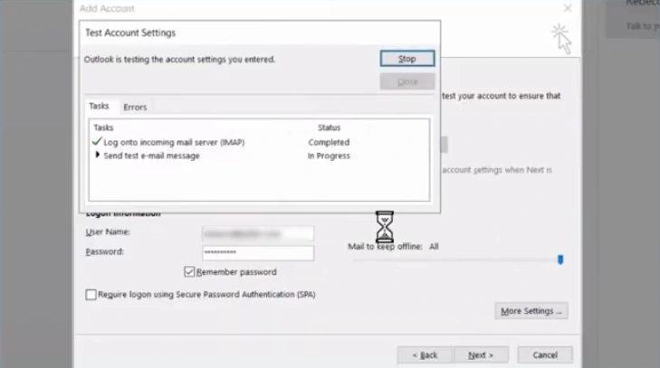 Wait for Outlook to test the account settings