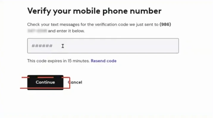 Enter the verification code and click Continu