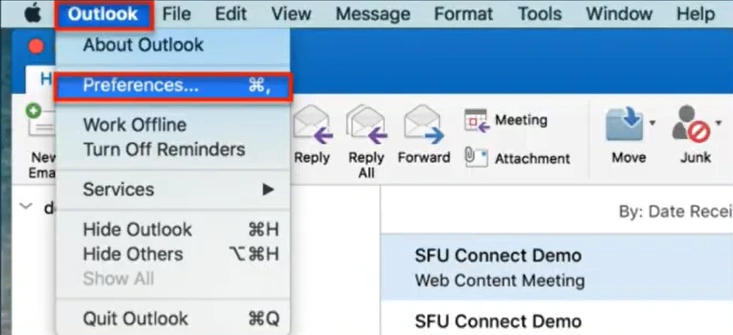 Click on the “Outlook” menu