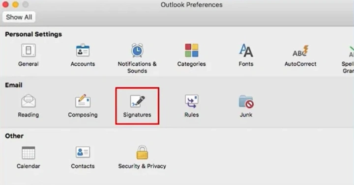From the list, under the Email section, open “Signatures