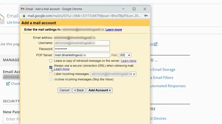 Check the “SSL” and “label incoming messages