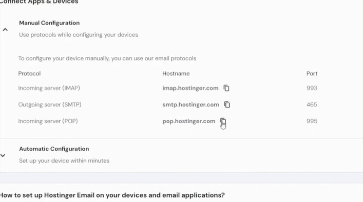 Copy the POP server hostname and note the port number
