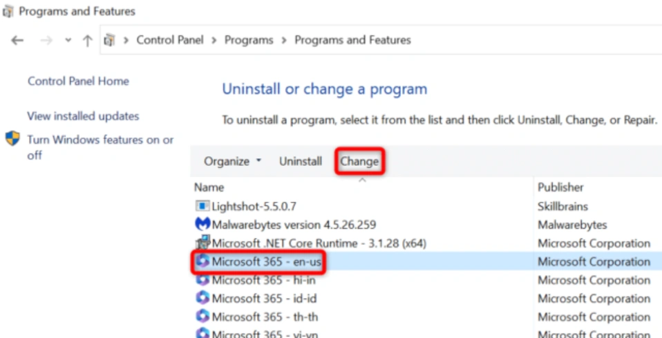 select your Microsoft Office installation from the list