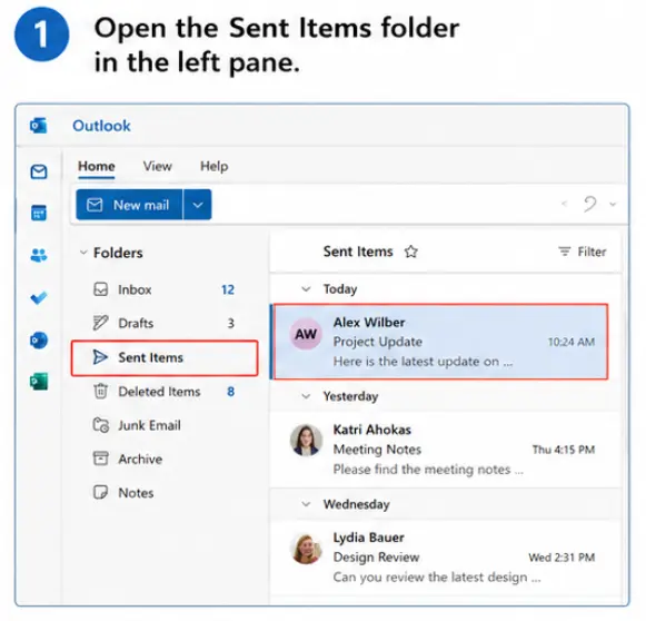New Outlook for Windows, Open the Sent Items folder in the left pane