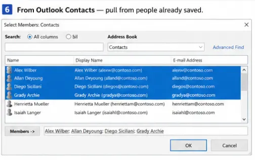 New E-mail Contact — type someone's address directly, even if they're not saved anywhere yet
