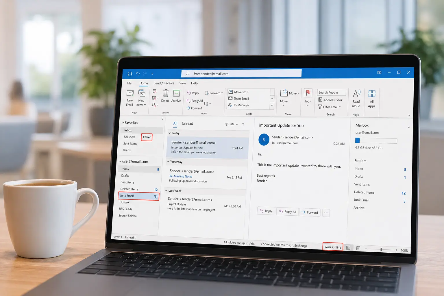Outlook desktop app showing Focused Inbox, Junk Email folder, email search, mailbox storage, and Work Offline status while troubleshooting missing emails on a laptop