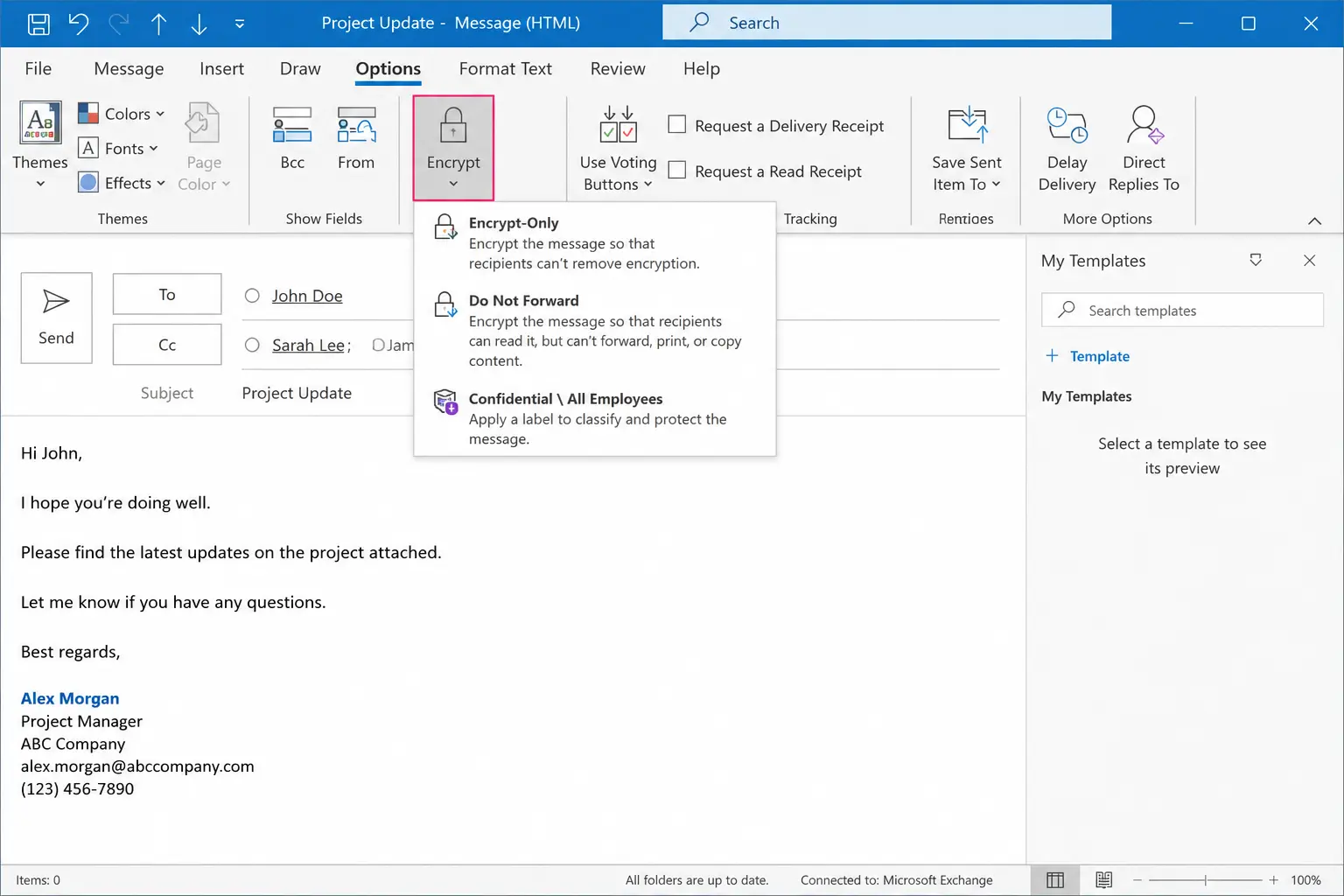 Sending an encrypted message in outlook